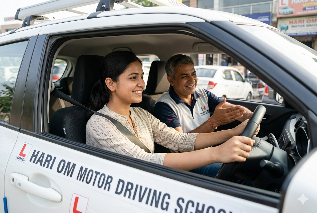 Student driving with certified instructor at Hari Om Motor Driving School